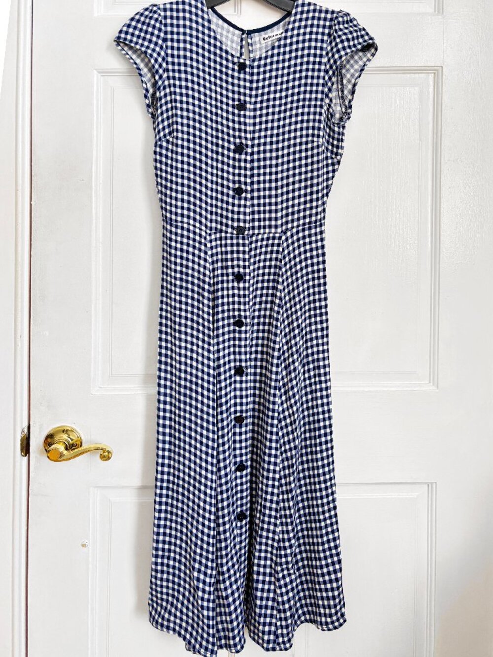 Reformation Blue White Gingham Check Midi Dress Buttons Short Sleeve S XS 0 2 4